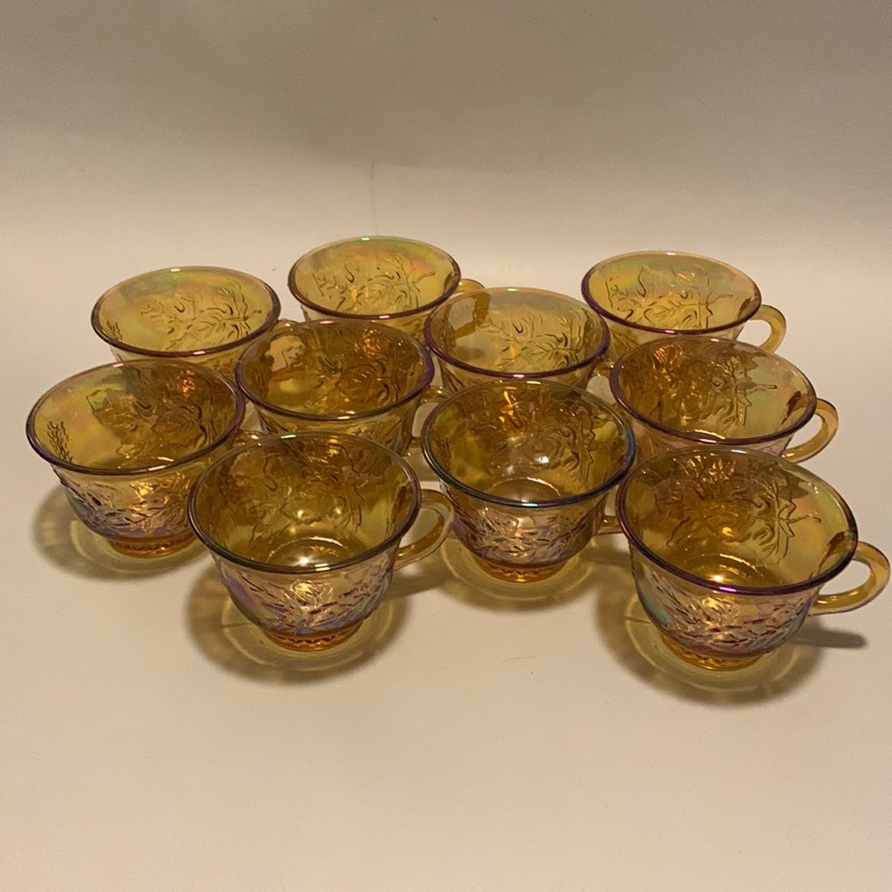 10-Carnival Glass Punch Cups Indiana Glass Iridescent Amber Harvest Grape